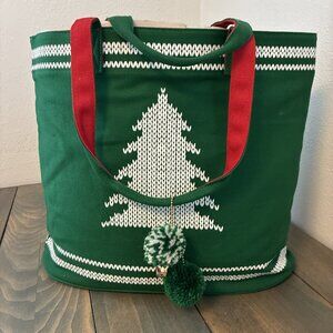 Large Vintage Punctuate Christmas Tree Holiday Bag Large Tote Pompoms Bell (XM6)